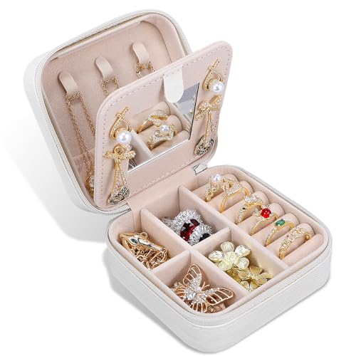 Travel Jewelry Case and Organizer with Mirror,Portable Mini Storage Box for Rings, Earrings, Necklaces, Gift for Mother Mom, Girl, Daughter, Sisters, Bridesmaids (White) - color: White