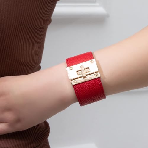 Rantanto Leather Wrap Bracelets For Women Gold Twist Lock Buckle Wrist Cuff | PU leather,Skin-friendly,Boho Stackable Wristband,Fashion Daily Jewelry,Trend Casual Party Bangle,Fit For Birthday, Holiday - color: Wide Red