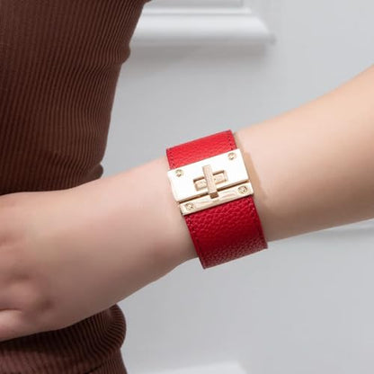 Rantanto Leather Wrap Bracelets For Women Gold Twist Lock Buckle Wrist Cuff | PU leather,Skin-friendly,Boho Stackable Wristband,Fashion Daily Jewelry,Trend Casual Party Bangle,Fit For Birthday, Holiday - color: Wide Red