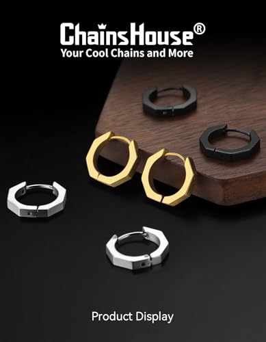 ChainsHouse Stud Earrings for Men Women,316L Stainless Steel/14K Gold/Black Plated Metal, Punk Hypoallergenic Surgical Huggie Hoop Earrings Mens Jewelry Piercing Hoop Earrings - style: E: Black-Octagon(1 Pair)