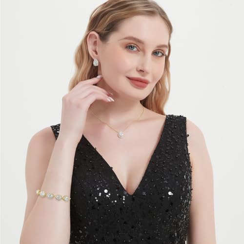 Teardrop Cubic Zirconia Jewelry Set for Women Wedding Prom Bridesmaid Gift | Sparkle Necklace Earrings Bracelet, Bride Formal Party Jewelry - color: Gold