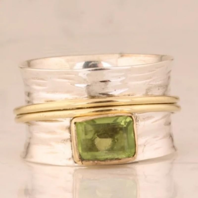 Creative Olive Green Synthetic Gemstone Two Tone Wide Ring for Women Party Vacation Bohemian Jewelry - color: Silver & Gold
