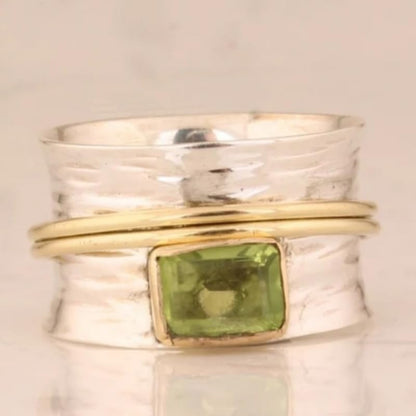 Creative Olive Green Synthetic Gemstone Two Tone Wide Ring for Women Party Vacation Bohemian Jewelry - color: Silver & Gold