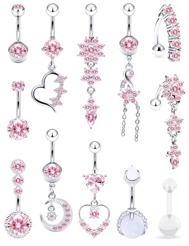14G Dangle Belly Button Ring Piercing Jewelry 316L Stainless Surgical Steel Heart Flower CZ Reverse Navel Rings Dangling Belly Button Ring Piercing Jewelry for Women 14 Gauge Hypoallergenic - style: 12Pcs Pink