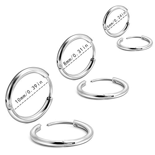 EACHLP Tiny Hoop Earrings 18K Real Gold Plating Surgical Steel Unisex - style: 6/8/10 Silver