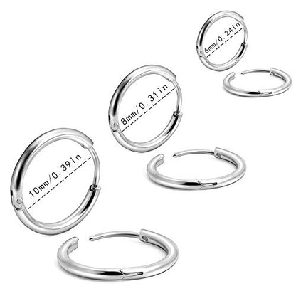 EACHLP Tiny Hoop Earrings 18K Real Gold Plating Surgical Steel Unisex - style: 6/8/10 Silver