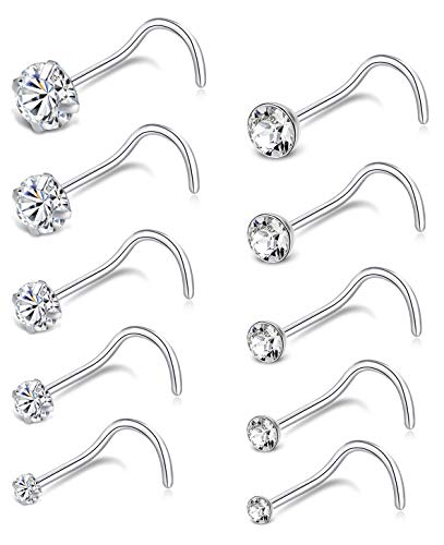 20G 10Pcs Stainless Steel L Screw Bone Shaped Nose Studs Rings Square Round CZ Nose Ring Labret Nose Piercing Jewelry for Men Women Silver Tone 1.5mm-2mm-2.5mm-3mm-3.5mm CZ - style: B:10Pcs,S Shaped