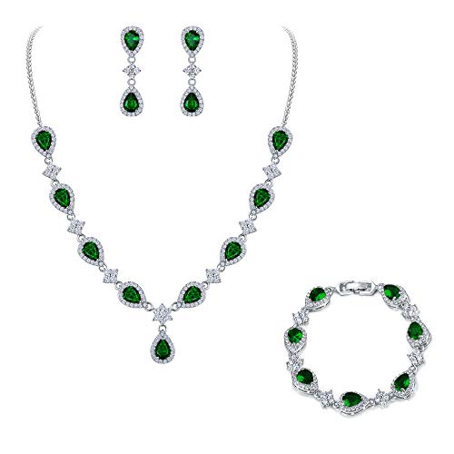 EleQueen Women's Silver-Tone Cubic Zirconia Teardrop Flower Bridal V-Necklace Sets Tennis Bracelet Dangle Earrings for Wedding Bridesmaids - color: Emerald Color