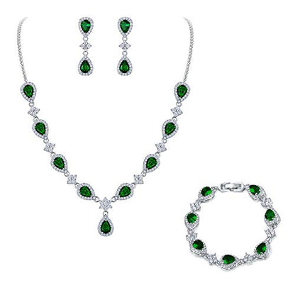 EleQueen Women's Silver-Tone Cubic Zirconia Teardrop Flower Bridal V-Necklace Sets Tennis Bracelet Dangle Earrings for Wedding Bridesmaids - color: Emerald Color