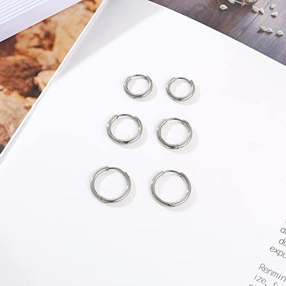 Osayia 316L Surgical Stainless Steel Small Hoop Earrings 8mm 10mm 12mm Hypoallergenic Huggie Thin Hoop Earrings Helix Lobes Hinged Sleeper Earrings Men Women for Cartilage Piercings - color: D: Silver (Diameter 8mm/10mm/12mm),3 Pairs