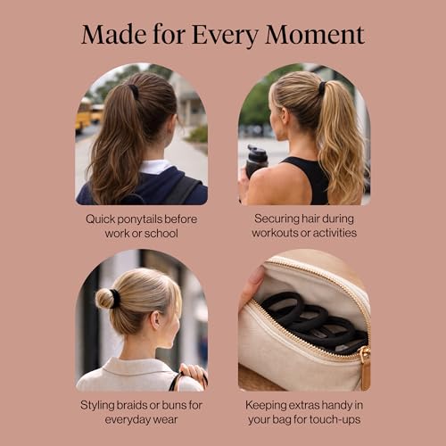Kitsch Elastic Hair Ties No Damage | Stretchable Hair Bands - Black, 6pcs | Strong All-Day Hold Hair, Rubber Bands For Hair, Ponytail Holders | Hair Accessories for Everyday Use - color: Black Thick (Pack of 6)
