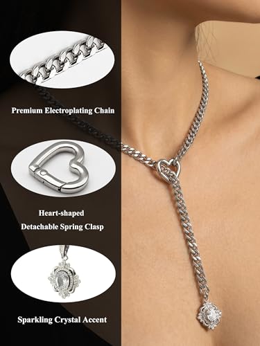 Women's Heart O-Ring Slip Chain Necklace, Double Layered Adjustable 39'' Cuban Chain with Detachable Heart Clasp and Colorful Rhinestone Pendant - color: 25'' Silver-Crystal White