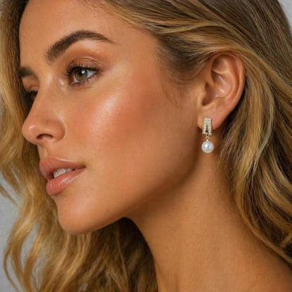 Pearl Clip on Earrings for Women - 14K Gold Silver Plated Cubic Zirconia Non Pierced Ear Clips Jewelry Gifts for Wedding Bridal Party Gifts - color: Gold-2 lines CZ