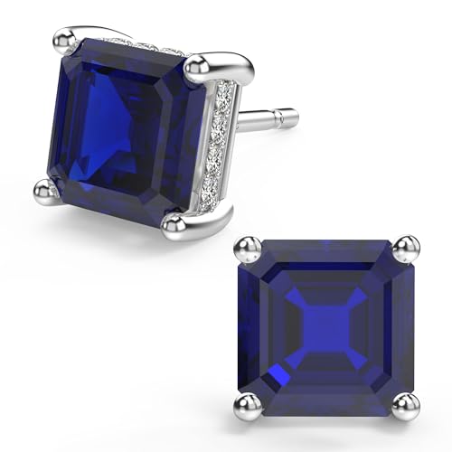 Asscher Cut Cubic Zirconia Stud Earrings for Men Women | Square CZ Simulated Diamond Studs, 18K White Gold Plated Sterling Silver - color: Blue, size: 8MM