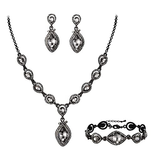 EVER FAITH Bridal Wedding Crystal Marquise Teardrop Pendant Necklace Earrings Bracelet Set for Prom - color: Grey Black-Tone
