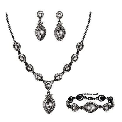 EVER FAITH Bridal Wedding Crystal Marquise Teardrop Pendant Necklace Earrings Bracelet Set for Prom - color: Grey Black-Tone