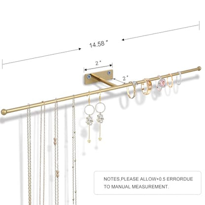 2-Pack Wall Hanging Jewelry Organizer, 14.5" Necklace Holder, Gold | For earrings, rings, bracelets, hairbands, glasses, space saving wall display, screws included - color: Gold