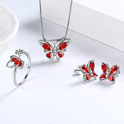 Aurora Tears Butterfly Jewelry,Women 925 Sterling Silver Butterflies Birthstone Pendant Necklace/Earrings/Rings Wedding Gift - color: A.January-set 2