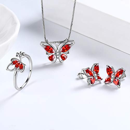 Aurora Tears Butterfly Jewelry,Women 925 Sterling Silver Butterflies Birthstone Pendant Necklace/Earrings/Rings Wedding Gift - color: A.January-set 2