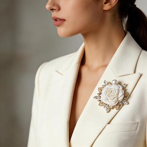 Rose Flower Brooch for Women Large Flower Brooch Elegant Pearl Brooches Handmade Crystal Pearl Pins Fabric Floral Lapel Pin Christmas Valentine's Day Dress Suit Accessories - color: white