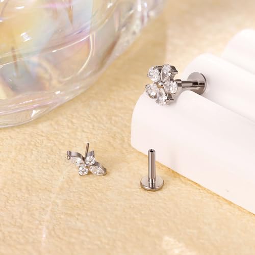 NICEIGHT 2Pcs 16G 18G F136 Titanium Threadless Cartilage Earrings Stud for Women Flat Back Push in Helix Tragus Labret Monroe Stud Hypoallergenic Flower Conch Lobe Stud Piercing Jewelry 6/8MM - color: Silver, size: 18G