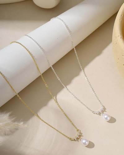 Pearl Necklaces for Women Trendy 14k Gold Plated Cubic Zirconia Pearl Pendant Necklace Valentines Day Wedding Birthday Mother's Day Gifts Dainty Gold Necklace for Women - color: Style 1 - Gold Necklace