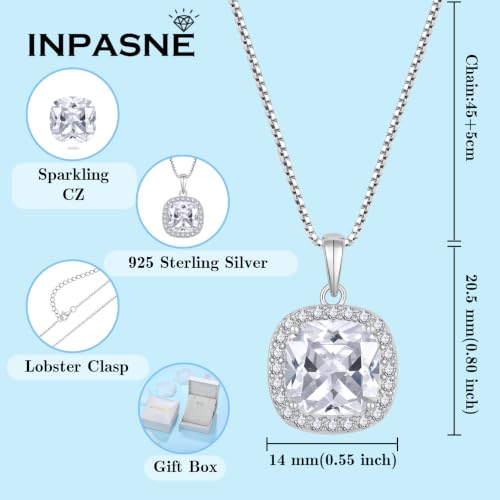Birthstone Necklace for Women 925 Sterling Silver Princess Cut Halo Necklace Pendant Jewelry for Mom Wife - color: White