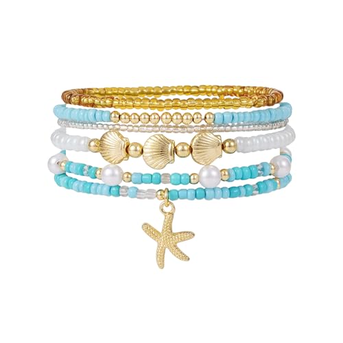 LALAPPLE Shell Bracelet Boho Beaded Stretch Bracelets for Women Seashell Strand Bracelets Starfish Charm Jewelry Summer Beach Jewelry Stackable Crystal Gold Plated Beads Bracelet for Women - style: Style6