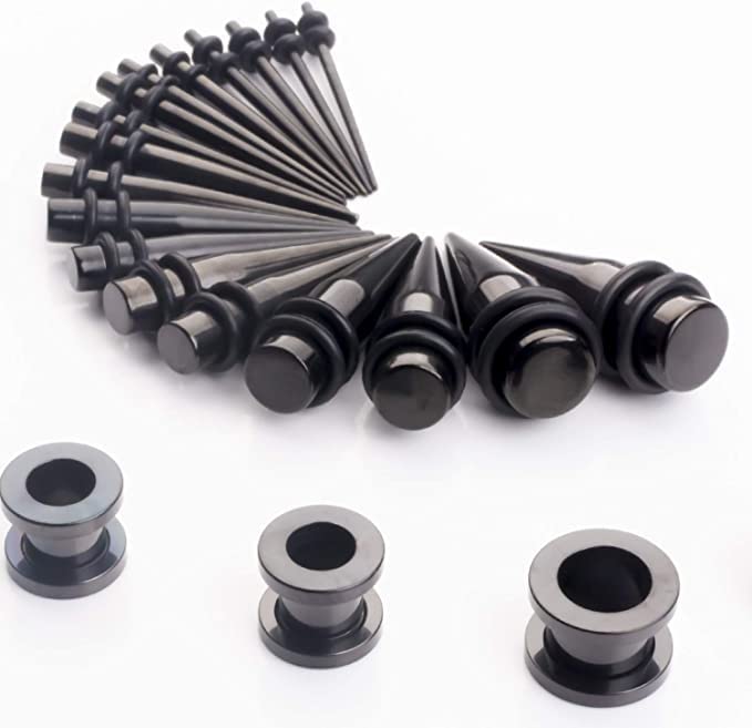 36pcs Ear Stretching Kit 14G-00G Surgical Steel Tapers Tunnels Gauges Set for Starter Women Men Expanders Body Piercing Jewelry… - color: Black