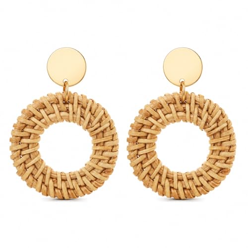 Handmade Rattan Teardrop Dangle Earrings for Women, Lightweight Boho Woven Statement Earrings with Gold Fish Hook, Natural Straw Weave Vacation Jewelry for Summer Beach - style: Natural Beige