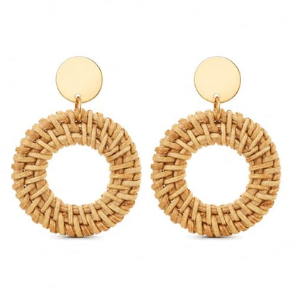 Handmade Rattan Teardrop Dangle Earrings for Women, Lightweight Boho Woven Statement Earrings with Gold Fish Hook, Natural Straw Weave Vacation Jewelry for Summer Beach - style: Natural Beige