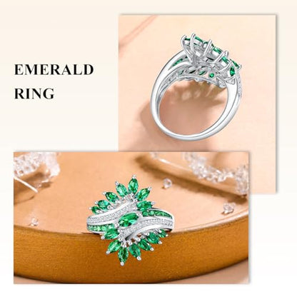 Statement Flower Ring Cocktail Leaf Ring Birthstone Anniversary Signet Ring | Hypoallergenic|14K Gold Plated|Sterling Silver Sparkling Engagement Promise Party Ring for Women, Size 6 to 10(With Box) - color: Leaf -White Gold Emerald