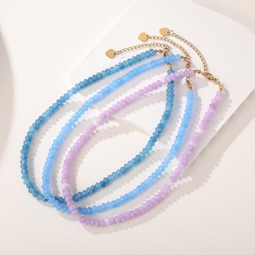 Beaded Necklace for Women,Natural Gemstone Necklace for Women,Colorful Bead Choker Necklace Handmade Surfer Beach Necklace Trendy Jewelry Gift for Women - style: Blue Chalcedony
