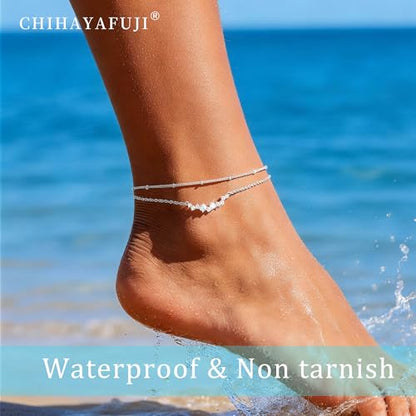 Sterling Silver Ankle for Bracelets Women 14K Gold Waterproof Layered Stackable Chain Sparkling Zircon Adjustable Non Tarnish Anklet Bracelet for Summer Beach Jewelry Gift - color: SilverB