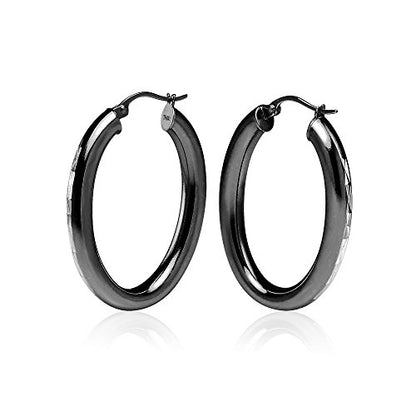 Hoops & Loops 925 Sterling Silver 4mm Thick Oval Diamond-Cut Hoop Earrings, 25mm 30mm, Silver, Yellow Gold, Rose Gold & Black - color: Black 25mm-1''