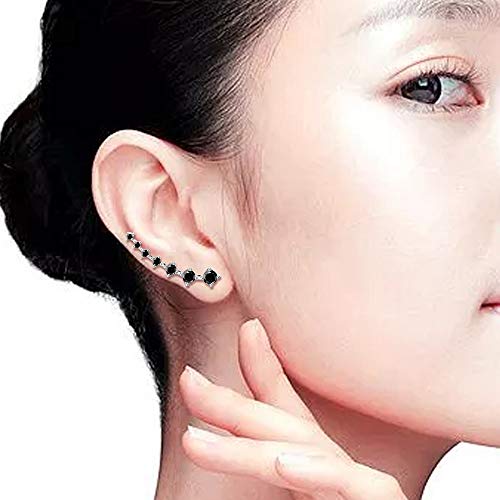 Black Diamond Climbers Cuff Wrap Cubic Zirconia 925 Sterling Silver Fashion Stud Crawler Pierced Sweep up Earrings for Women 7 Crystal CZ Hypoallergenic for Sensitive Ears Gifts for Birthday Bff