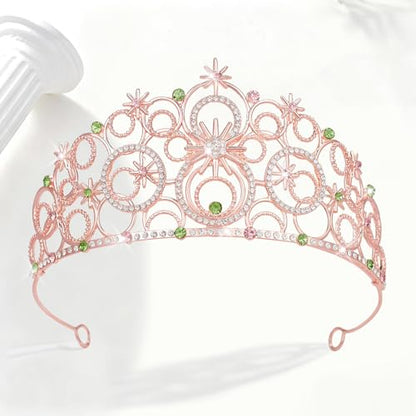 Crystal Crowns for Women, Crystal Bubble TiaraBride Royal Queen Headband Princess Headpieces for Women Bridal Wedding Prom Birthday Party Crowns - color: Rose Gold Pink Green