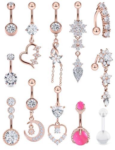 14G Dangle Belly Button Ring Piercing Jewelry 316L Stainless Surgical Steel Heart Flower CZ Reverse Navel Rings Dangling Belly Button Ring Piercing Jewelry for Women 14 Gauge Hypoallergenic - style: 12Pcs Rose Gold