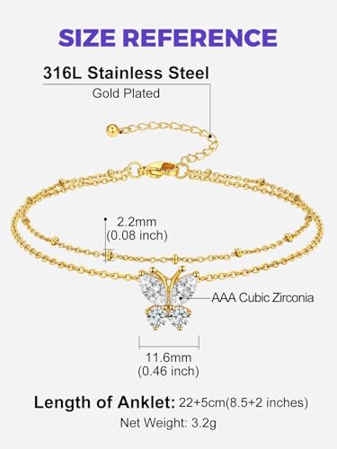 Richsteel Double Layer Heart/Butterfly Birthstone Anklet for Women | Non Tarnish Waterproof, Silver/Gold/Black Stainless Steel 8.5-10.5 Inch Adjustable Chain Anklets Summer Beach Foot Jewelry - color: Gold Butterfly-04 Apr.(Diamond)