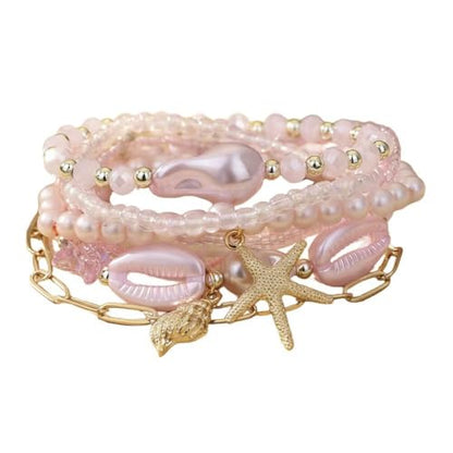 Boho Stackable Beaded Bracelet Set, Pink, Starfish Shell Pearl Charms, Elastic Handmade Layered Stretch Bracelets, Summer Beach Holiday Jewelry for Women - color: Pink D