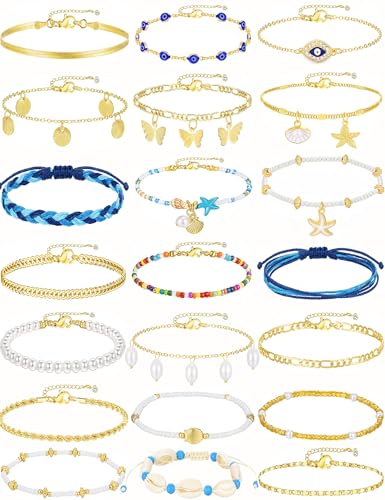 21PCS Gold Ankle Bracelets for Women, Boho Shell Bead Cuban Link Chain Waterproof Gold Anklets Set, Adjustable Layered Anklets for Women Beach Jewelry Gift - color: Gold
