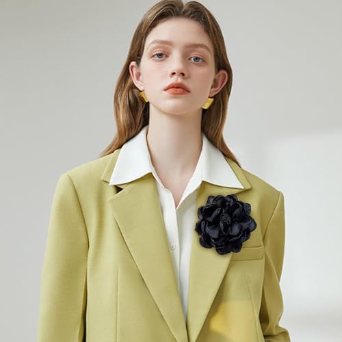 Dainty Fabric Rose Flower Large Brooch Lapel Pins Flower Brooches Pin Classic for Wedding Party Dance Banquet for Women Dress Suit Clothes Accessories Jewelry 100mm - color: Black