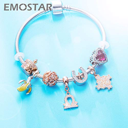 EMOSTAR Zodiac Sign Charms fits European Charm Bracelet – Rose Gold 925 Sterling Silver Necklace Pendant, 12 Horoscope Constellation Dangle CZ Birthstone Beads, Gifts for Women/Men/Birthday - color: Libra (9.23 – 10.22)