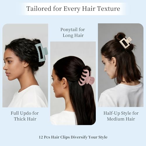 12 Pcs Hair Claw Clips for Women, 3 Styles Large Medium Small Hair Clips for Thick Thin Hair, Neutral Colors(Pink,White,Blue,Black) - color: Pink,White,Blue,Black