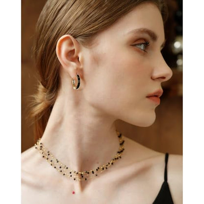 Trendy 14K Gold Plated Hoop Earrings for Women, Chunky Gold/Silver Earrings for Women Cubic Zirconia Baguette Hoop Earrings Heart Hoops Lightweight Hypoallergenic Jewelry,25mm/35mm/40mm/50mm - color: 01 Gold Black CZ Hoops 25mm