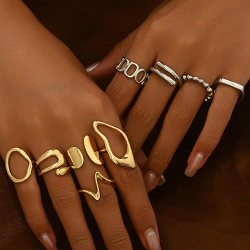 FUTIMELY 9Pcs Chunky Knuckle Ring Set,Vintage Two Tone Dainty Geometric Stackable Midi Rings Set,Charming Hollow Personalized Open Joint Rings for Women