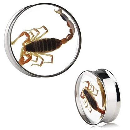Ear Gauges Plugs Genuine Scorpion Inlay Stainless Steel Double Flare Tunnels Stretching Expander Body Piercing Jewelry 2 Pieces - color: Gauge 11/16" (18mm)