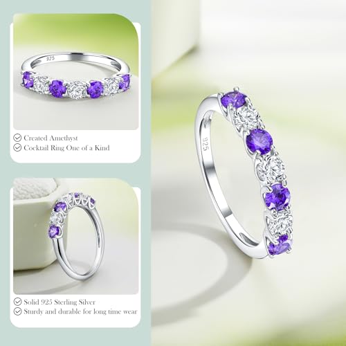3.5mm Stackable Rings S925 Sterling Silver Created Birthstone & Cubic Zirconia Ring for Women Wedding Bands Anniversary Birthday Jewelry Size 6 to 10(with Box) - color: 02-Created Amethyst & CZ-Feb