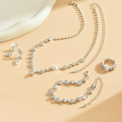 Wedding Jewelry Sets for Brides Rhinestone Necklace and Earring Set Bracelet Ring Gold Silver Prom Jewelry Sets Diamond Flower Teardrop Necklace for Women - color: Style1-Silver-4pcs