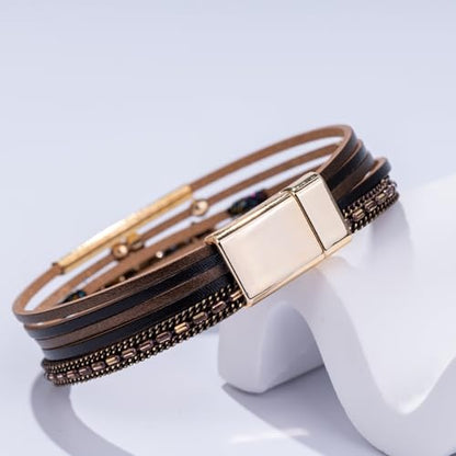 Boho Gemstone Beaded Leather Wrap Bracelets Stackable Chunky Cuff Bracelet Western Jewelry Cowboy Chic Country Concert Outfits for Women - color: Brown